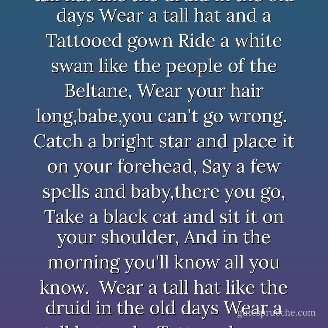 RIDE A WHITE SWAN"<br /><br />"Ride it on out like a bird in the skyway,<br />Ride it on out like you were a bird,<br />Fly it all out like an eagle in a sunbeam,<br />Ride it all out like you were a bird.<br /><br /><br />Wear a tall hat like the druid in the old days<br />Wear a tall hat and a Tattooed gown<br />Ride a white swan like the people of the Beltane,<br />Wear your hair long,babe,you can't go wrong.<br /><br />Catch a bright star and place it on your forehead,<br />Say a few spells and baby,there you go,<br />Take a black cat and sit it on your shoulder,<br />And in the morning you'll know all you know.<br /><br />Wear a tall hat like the druid in the old days<br />Wear a tall hat and a Tattooed gown<br />Ride a white swan like the people of the Beltane,<br />Wear your hair long, babe ,you can't go wrong.<br /><br />Da di di da, da di di da - Marc Bolan