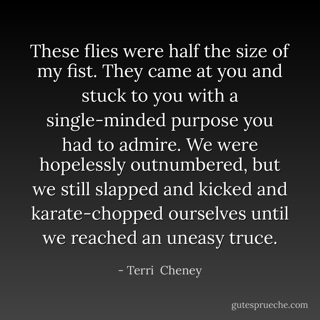 These flies were half the size of my fist. They came at you and stuck to you with a single-minded purpose you had to admire. We were hopelessly outnumbered, but we still slapped and kicked and karate-chopped ourselves until we reached an uneasy truce. - Terri  Cheney