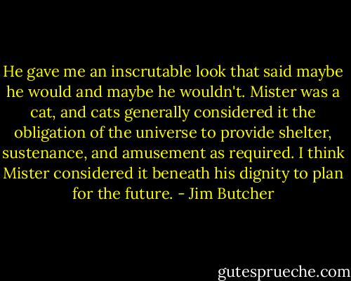 He gave me an inscrutable look that said maybe he would and maybe he wouldn't. Mister was a cat, and cats generally considered it the obligation of the universe to provide shelter, sustenance, and amusement as required. I think Mister considered it beneath his dignity to plan for the future. - Jim Butcher