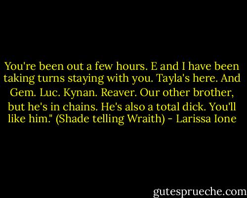 You're been out a few hours. E and I have been taking turns staying with you. Tayla's here. And Gem. Luc. Kynan. Reaver. Our other brother, but he's in chains. He's also a total dick. You'll like him." (Shade telling Wraith) - Larissa Ione