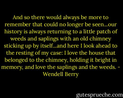 And so there would always be more to remember that could no longer be seen...our history is always returning to a little patch of weeds and saplings with an old chimney sticking up by itself...and here I look ahead to the resting of my case: I love the house that belonged to the chimney, holding it bright in memory, and love the saplings and the weeds. - Wendell Berry