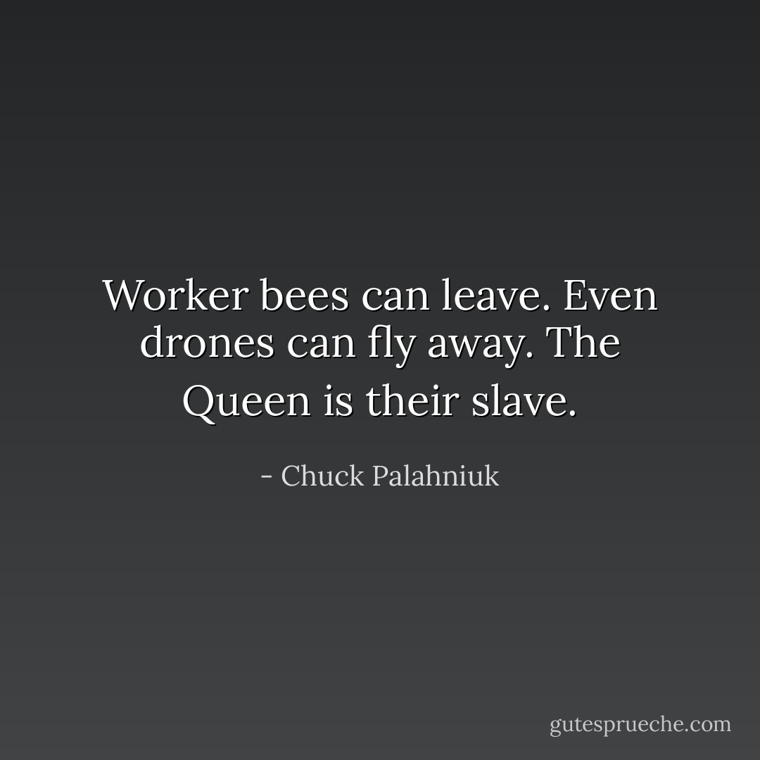 Worker bees can leave.<br />Even drones can fly away.<br />The Queen is their slave. - Chuck Palahniuk