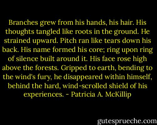 Branches grew from his hands, his hair. His thoughts tangled like roots in the ground. He strained upward. Pitch ran like tears down his back. His name formed his core; ring upon ring of silence built around it. His face rose high above the forests. Gripped to earth, bending to the wind's fury, he disappeared within himself, behind the hard, wind-scrolled shield of his experiences. - Patricia A. McKillip