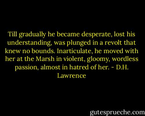 Till gradually he became desperate, lost his understanding, was plunged in a revolt that knew no bounds. Inarticulate, he moved with her at the Marsh in violent, gloomy, wordless passion, almost in hatred of her. - D.H. Lawrence