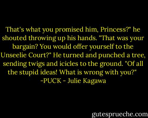That's what you promised him, Princess?" he shouted throwing up his hands. "That was your bargain? You would offer yourself to the Unseelie Court?" He turned and punched a tree, sending twigs and icicles to the ground. "Of all the stupid ideas! What is wrong with you?"<br /><br />-PUCK - Julie Kagawa