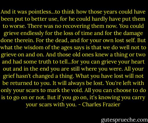 And it was pointless...to think how those years could have been put to better use, for he could hardly have put them to worse. There was no recovering them now. You could grieve endlessly for the loss of time and for the damage done therein. For the dead, and for your own lost self. But what the wisdom of the ages says is that we do well not to grieve on and on. And those old ones knew a thing or two and had some truth to tell...for you can grieve your heart out and in the end you are still where you were. All your grief hasn't changed a thing. What you have lost will not be returned to you. It will always be lost. You're left with only your scars to mark the void. All you can choose to do is to go on or not. But if you go on, it's knowing you carry your scars with you. - Charles Frazier