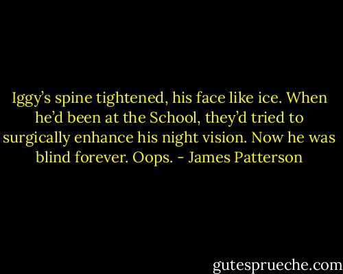 Iggy’s spine tightened, his face like ice. When he’d been at the School, they’d tried to surgically enhance his night vision. Now he was blind forever. Oops. - James Patterson