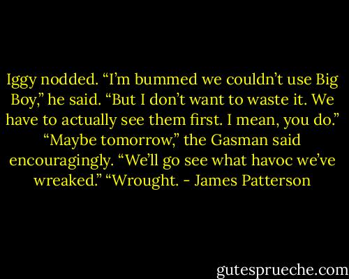 Iggy nodded. “I’m bummed we couldn’t use Big Boy,” he said. “But I don’t want to waste it. We have to actually see them first. I mean, you do.”<br />“Maybe tomorrow,” the Gasman said encouragingly. “We’ll go see what havoc we’ve wreaked.”<br />“Wrought. - James Patterson