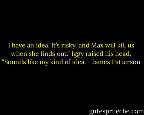 I have an idea. It’s risky, and Max will kill us when she finds out.”<br />Iggy raised his head. “Sounds like my kind of idea. - James Patterson