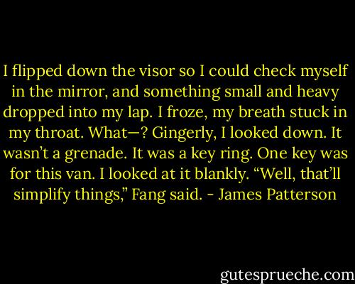 I flipped down the visor so I could check myself in the mirror, and something small and heavy dropped into my lap.<br />I froze, my breath stuck in my throat. What—?<br />Gingerly, I looked down. It wasn’t a grenade. It was a key ring. One key was for this van. I looked at it blankly.<br />“Well, that’ll simplify things,” Fang said. - James Patterson