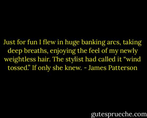 Just for fun I flew in huge banking arcs, taking deep breaths, enjoying the feel of my newly weightless hair. The stylist had called it “wind tossed.”<br />If only she knew. - James Patterson