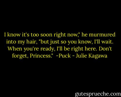 I know it's too soon right now," he murmured into my hair, "but just so you know, I'll wait. When you're ready, I'll be right here. Don't forget, Princess."<br /><br />-Puck - Julie Kagawa
