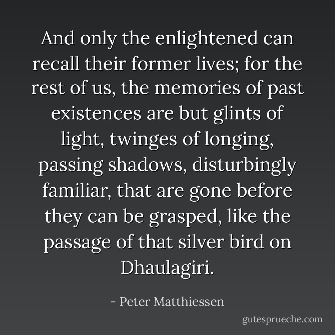 And only the enlightened can recall their former lives; for the rest of us, the memories of past existences are but glints of light, twinges of longing, passing shadows, disturbingly familiar, that are gone before they can be grasped, like the passage of that silver bird on Dhaulagiri. - Peter Matthiessen