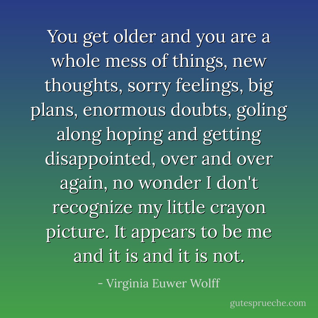 You get older<br />and you are a whole mess of things,<br />new thoughts, sorry feelings,<br />big plans, enormous doubts,<br />goling along hoping and getting disappointed,<br />over and over again,<br />no wonder I don't recognize<br />my little crayon picture.<br />It appears to be me<br />and it is<br />and it is not. - Virginia Euwer Wolff