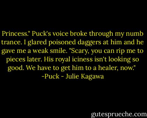 Princess." Puck's voice broke through my numb trance. I glared poisoned daggers at him and he gave me a weak smile. "Scary, you can rip me to pieces later. His royal iciness isn't looking so good. We have to get him to a healer, now."<br /><br />-Puck - Julie Kagawa