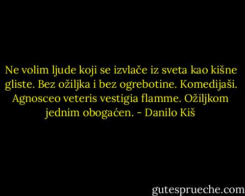 Ne volim ljude koji se izvlače iz sveta kao kišne gliste. Bez ožiljka i bez ogrebotine. Komedijaši. Agnosceo veteris vestigia flamme. Ožiljkom jednim obogaćen. - Danilo Kiš
