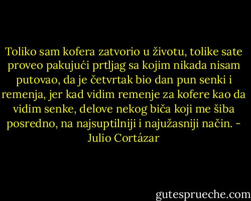 Toliko sam kofera zatvorio u životu, tolike sate proveo pakujući prtljag sa kojim nikada nisam putovao, da je četvrtak bio dan pun senki i remenja, jer kad vidim remenje za kofere kao da vidim senke, delove nekog biča koji me šiba posredno, na najsuptilniji i najužasniji način. - Julio Cortázar