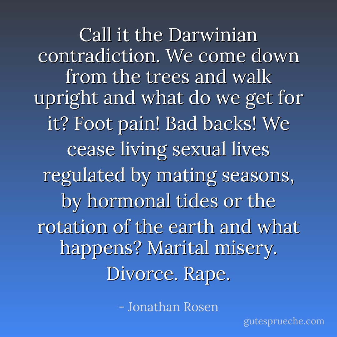 Call it the Darwinian contradiction. We come down from the trees and walk upright and what do we get for it? Foot pain! Bad backs! We cease living sexual lives regulated by mating seasons, by hormonal tides or the rotation of the earth and what happens? Marital misery. Divorce. Rape. - Jonathan Rosen