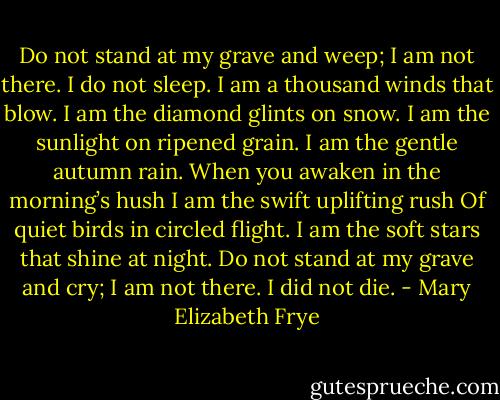 Do not stand at my grave and weep;<br />I am not there. I do not sleep.<br />I am a thousand winds that blow.<br />I am the diamond glints on snow.<br />I am the sunlight on ripened grain.<br />I am the gentle autumn rain.<br />When you awaken in the morning’s hush<br />I am the swift uplifting rush<br />Of quiet birds in circled flight.<br />I am the soft stars that shine at night.<br />Do not stand at my grave and cry;<br />I am not there. I did not die. - Mary Elizabeth Frye