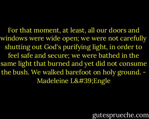 For that moment, at least, all our doors and windows were wide open; we were not carefully shutting out God's purifying light, in order to feel safe and secure; we were bathed in the same light that burned and yet did not consume the bush. We walked barefoot on holy ground. - Madeleine L'Engle
