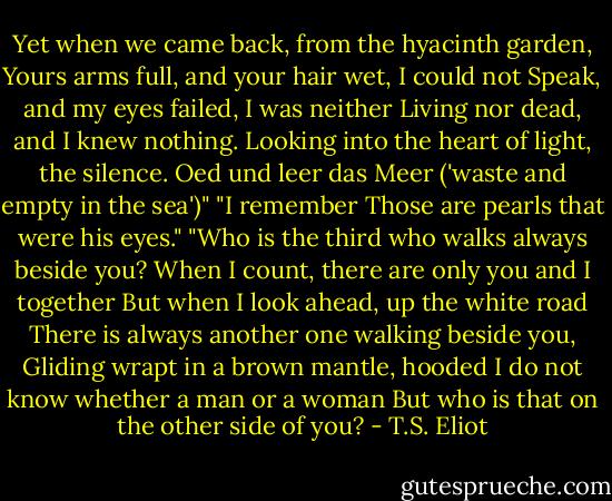 Yet when we came back, from the hyacinth garden,<br />Yours arms full, and your hair wet, I could not<br />Speak, and my eyes failed, I was neither<br />Living nor dead, and I knew nothing.<br />Looking into the heart of light, the silence.<br />Oed und leer das Meer ('waste and empty in the sea')"<br />"I remember<br />Those are pearls that were his eyes."<br />"Who is the third who walks always beside you?<br />When I count, there are only you and I together<br />But when I look ahead, up the white road<br />There is always another one walking beside you,<br />Gliding wrapt in a brown mantle, hooded<br />I do not know whether a man or a woman<br />But who is that on the other side of you? - T.S. Eliot