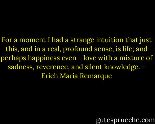 For a moment I had a strange intuition that just this, and in a real, profound sense, is life; and perhaps happiness even - love with a mixture of sadness, reverence, and silent knowledge. - Erich Maria Remarque