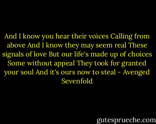 And I know you hear their voices<br />Calling from above<br />And I know they may seem real<br />These signals of love<br />But our life's made up of choices<br />Some without appeal<br />They took for granted your soul<br />And it's ours now to steal - Avenged Sevenfold