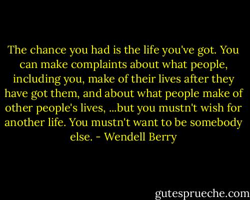 The chance you had is the life you've got. You can make complaints about what people, including you, make of their lives after they have got them, and about what people make of other people's lives, ...but you mustn't wish for another life. You mustn't want to be somebody else. - Wendell Berry