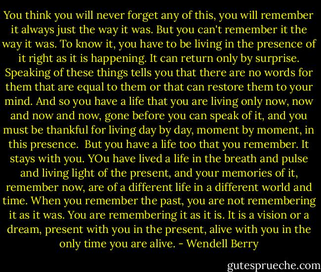 You think you will never forget any of this, you will remember it always just the way it was. But you can't remember it the way it was. To know it, you have to be living in the presence of it right as it is happening. It can return only by surprise. Speaking of these things tells you that there are no words for them that are equal to them or that can restore them to your mind. And so you have a life that you are living only now, now and now and now, gone before you can speak of it, and you must be thankful for living day by day, moment by moment, in this presence. <br />But you have a life too that you remember. It stays with you. YOu have lived a life in the breath and pulse and living light of the present, and your memories of it, remember now, are of a different life in a different world and time. When you remember the past, you are not remembering it as it was. You are remembering it as it is. It is a vision or a dream, present with you in the present, alive with you in the only time you are alive. - Wendell Berry