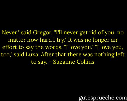 Never," said Gregor. "I'll never get rid of you, no matter how hard I try." It was no longer an effort to say the words. "I love you."<br />"I love you, too," said Luxa.<br />After that there was nothing left to say. - Suzanne Collins