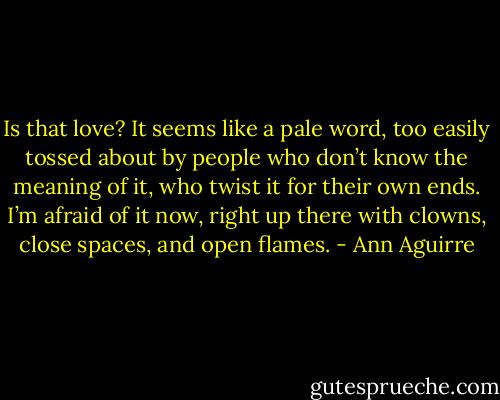 Is that love? It seems like a pale word, too easily tossed about by people who don’t know the meaning of it, who twist it for their own ends. I’m afraid of it now, right up there with clowns, close spaces, and open flames. - Ann Aguirre