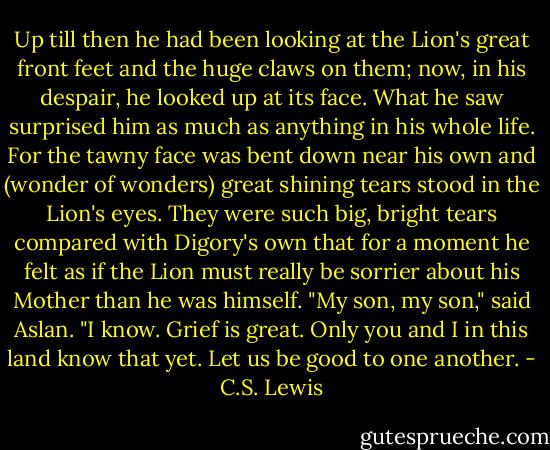 Up till then he had been looking at the Lion's great front feet and the huge claws on them; now, in his despair, he looked up at its face. What he saw surprised him as much as anything in his whole life. For the tawny face was bent down near his own and (wonder of wonders) great shining tears stood in the Lion's eyes. They were such big, bright tears compared with Digory's own that for a moment he felt as if the Lion must really be sorrier about his Mother than he was himself. "My son, my son," said Aslan. "I know. Grief is great. Only you and I in this land know that yet. Let us be good to one another. - C.S. Lewis
