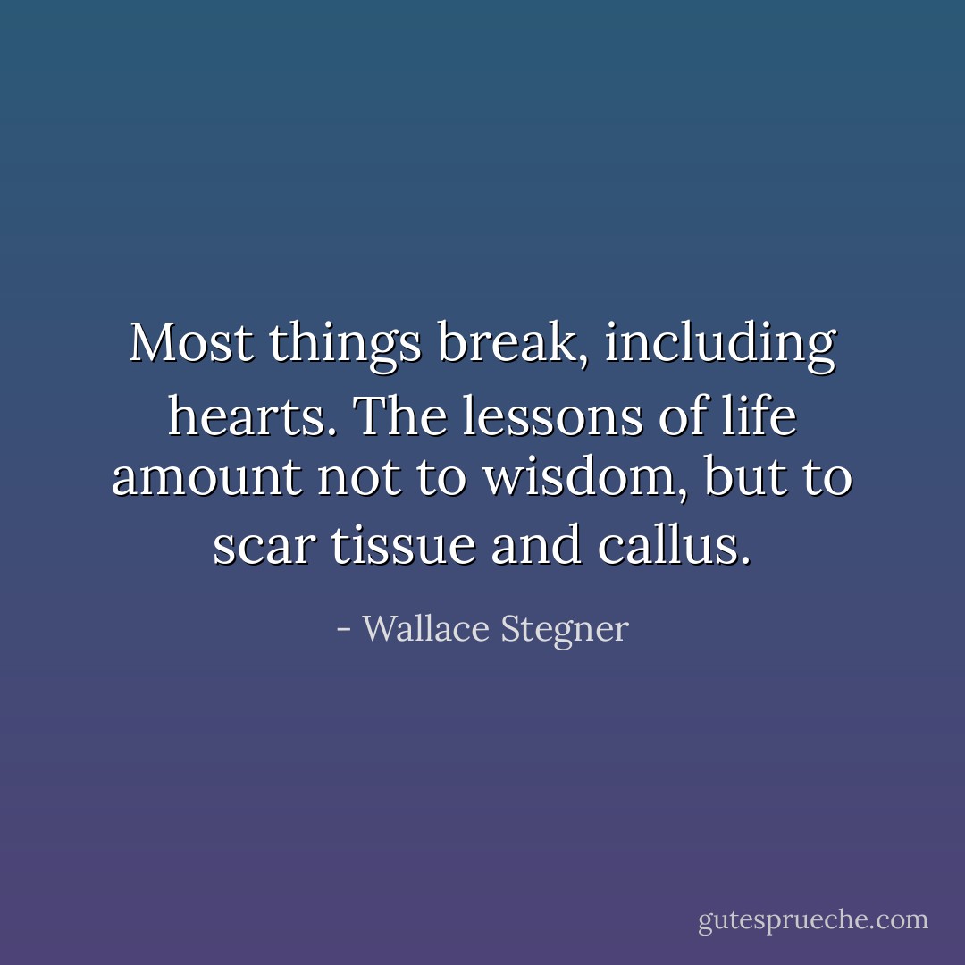 Most things break, including hearts. The lessons of life amount not to<br />wisdom, but to scar tissue and callus. - Wallace Stegner