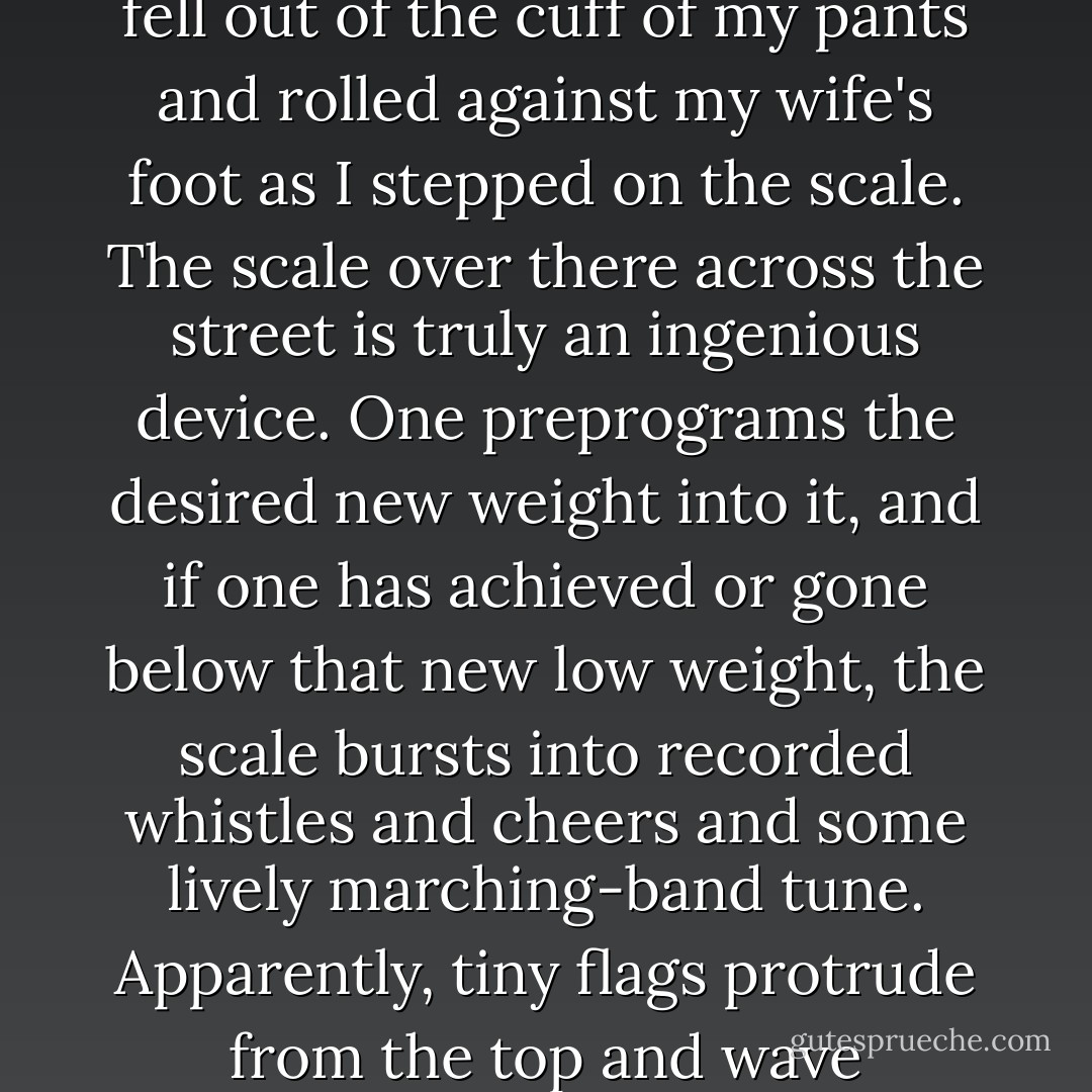 You want to know the story? I'd be happy to tell you. I think I have just enough caloric energy stored up to make it through the telling of the tale. It's short. I am monstrously fat. I am a glutton. My wife was disgusted and repulsed. She gave me six months to lose one hundred pounds. I joined Weight Watchers . . . see it there, right across the street, that gaunt storefront? This afternoon was the big six-month weigh-in. So to speak. I had gained almost seventy pounds in the six months. An errant Snickers bar fell out of the cuff of my pants and rolled against my wife's foot as I stepped on the scale. The scale over there across the street is truly an ingenious device. One preprograms the desired new weight into it, and if one has achieved or gone below that new low weight, the scale bursts into recorded whistles and cheers and some lively marching-band tune. Apparently, tiny flags protrude from the top and wave mechanically back and forth. A failure--see for instance mine--results in a flatulent dirge of disappointed and contemptuous tuba. To the strains of the latter my wife left, the establishment, me, on the arm of a svelte yogurt distributor whom I am even now planning to crush, financially speaking, first thing tomorrow morning. Ms. Beadsman, you will find an eclair on the floor to the left of your chair. Could you perhaps manipulate it onto this plate with minimal chocolate loss and pass it to me. - David Foster Wallace