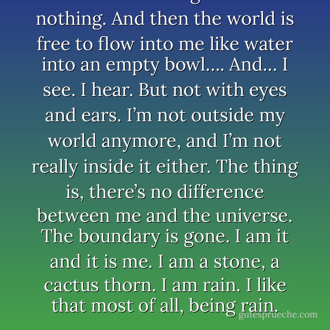 I’m erased. I’m gone. I’m nothing. And then the world is free to flow into me like water into an empty bowl…. And… I see. I hear. But not with eyes and ears. I’m not outside my world anymore, and I’m not really inside it either. The thing is, there’s no difference between me and the universe. The boundary is gone. I am it and it is me. I am a stone, a cactus thorn. I am rain. I like that most of all, being rain. - Jerry Spinelli