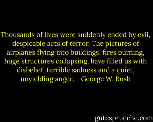 Thousands of lives were suddenly ended by evil, despicable acts of terror. The pictures of airplanes flying into buildings, fires burning, huge structures collapsing, have filled us with disbelief, terrible sadness and a quiet, unyielding anger. - George W. Bush