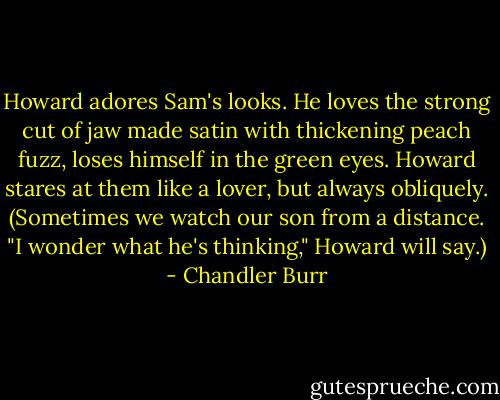Howard adores Sam's looks. He loves the strong cut of jaw made satin with thickening peach fuzz, loses himself in the green eyes. Howard stares at them like a lover, but always obliquely. (Sometimes we watch our son from a distance. "I wonder what he's thinking," Howard will say.) - Chandler Burr