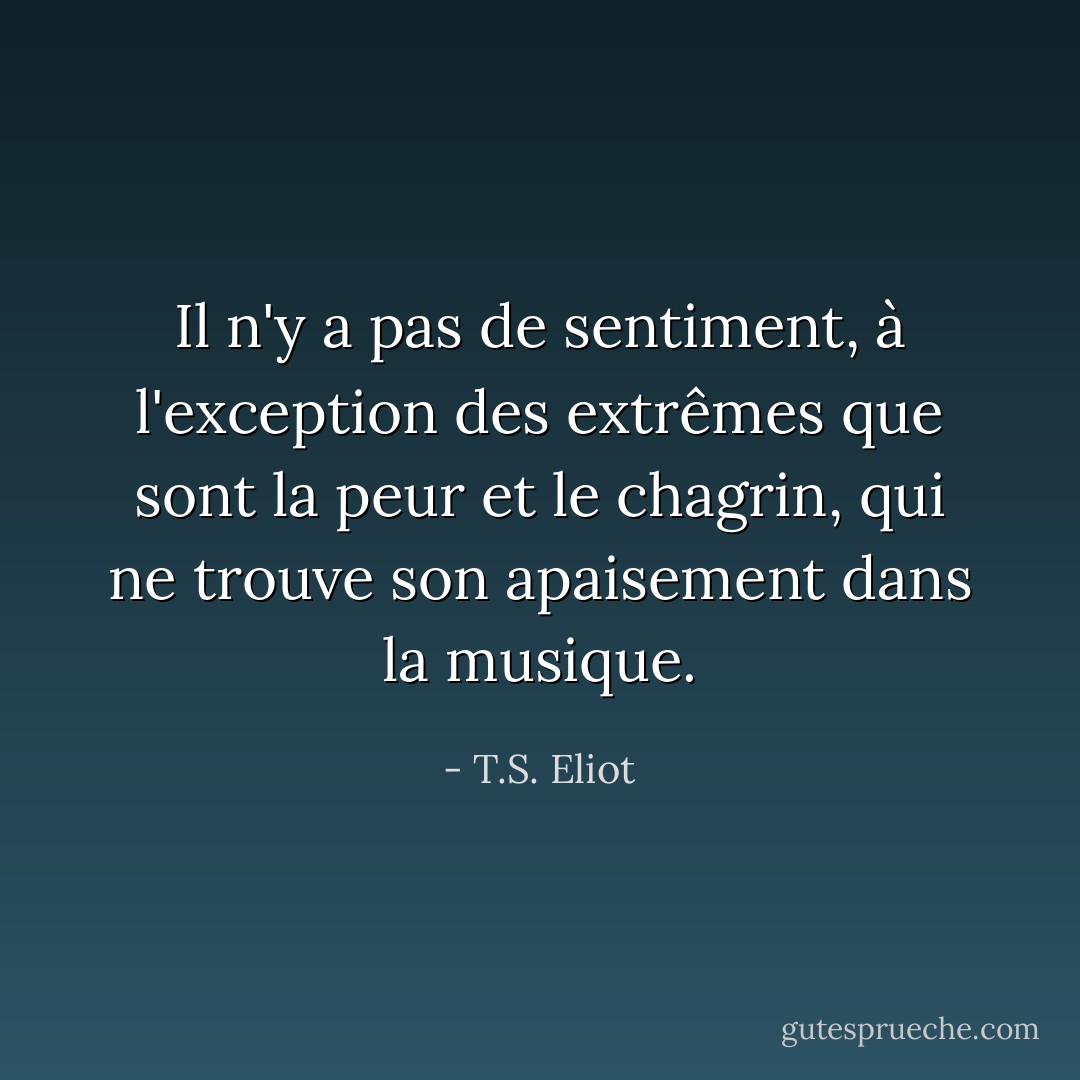 Il n'y a pas de sentiment, à l'exception des extrêmes que sont la peur et le chagrin, qui ne trouve son apaisement dans la musique. - T.S. Eliot
