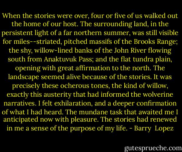 When the stories were over, four or five of us walked out the home of our host. The surrounding land, in the persistent light of a far northern summer, was still visible for miles--striated, pitched massifs of the Brooks Range; the shy, willow-lined banks of the John River flowing south from Anaktuvuk Pass; and the flat tundra plain, opening with great affirmation to the north. The landscape seemed alive because of the stories. It was precisely these ocherous tones, the kind of willow, exactly this austerity that had informed the wolverine narratives. I felt exhilaration, and a deeper confirmation of what I had heard. The mundane task that awaited me I anticipated now with pleasure. The stories had renewed in me a sense of the purpose of my life. - Barry  Lopez
