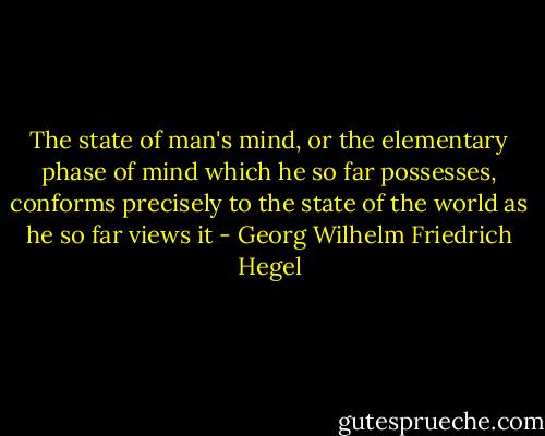 The state of man's mind, or the elementary phase of mind which he so far possesses, conforms precisely to the state of the world as he so far views it - Georg Wilhelm Friedrich Hegel
