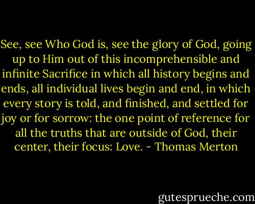 See, see Who God is, see the glory of God, going up to Him out of this incomprehensible and infinite Sacrifice in which all history begins and ends, all individual lives begin and end, in which every story is told, and finished, and settled for joy or for sorrow: the one point of reference for all the truths that are outside of God, their center, their focus: Love. - Thomas Merton