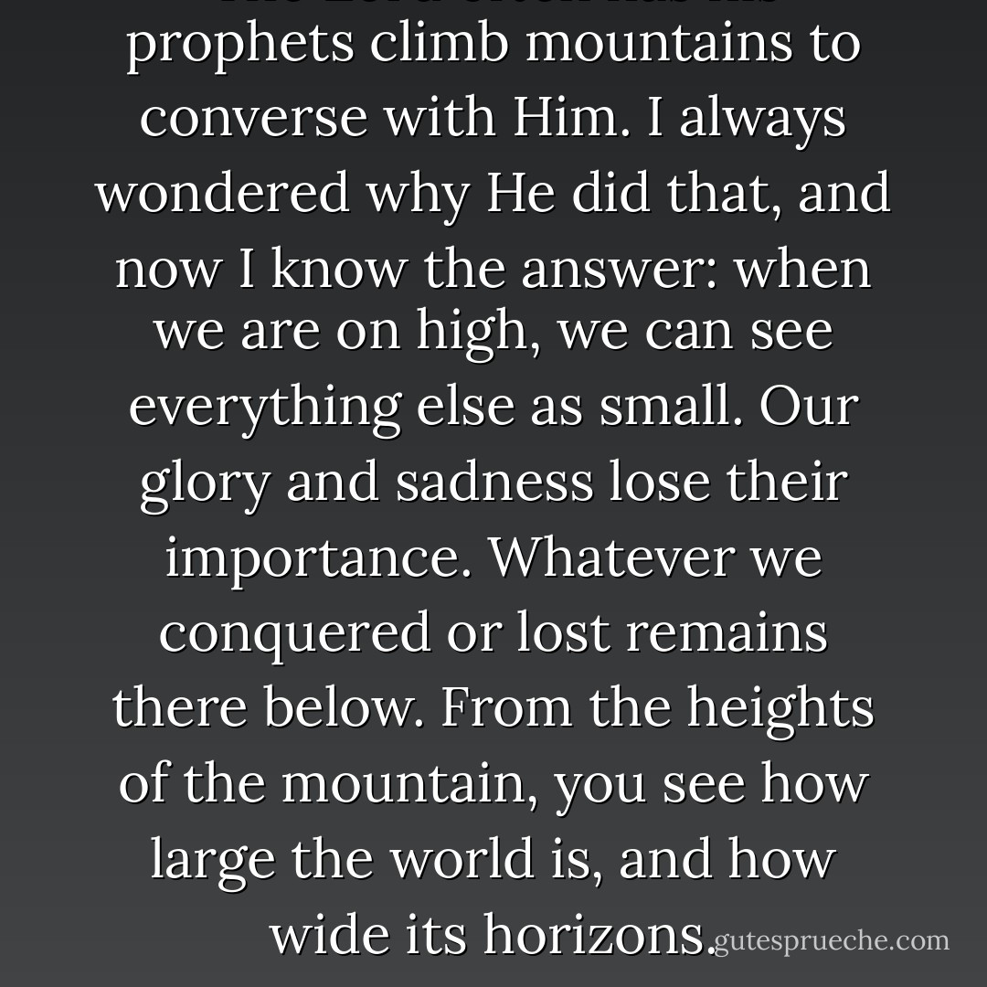 The Lord often has his prophets climb mountains to converse with Him. I always wondered why He did that, and now I know the answer: when we are on high, we can see everything else as small. Our glory and sadness lose their importance. Whatever we conquered or lost remains there below. From the heights of the mountain, you see how large the world is, and how wide its horizons. - Paulo Coelho