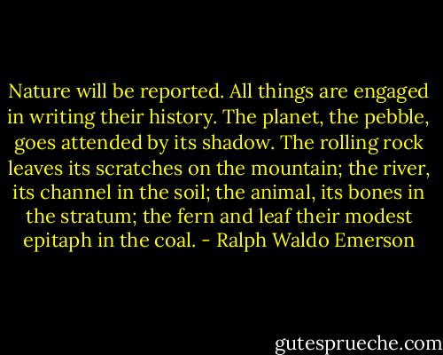 Nature will be reported. All things are engaged in writing their history. The planet, the pebble, goes attended by its shadow. The rolling rock leaves its scratches on the mountain; the river, its channel in the soil; the animal, its bones in the stratum; the fern and leaf their modest epitaph in the coal. - Ralph Waldo Emerson