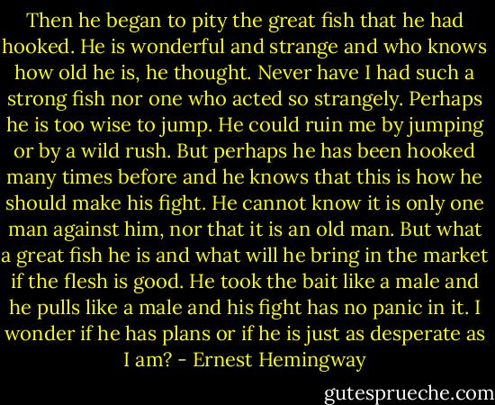 Then he began to pity the great fish that he had hooked. He is wonderful and strange and who knows how old he is, he thought. Never have I had such a strong fish nor one who acted so strangely. Perhaps he is too wise to jump. He could ruin me by jumping or by a wild rush. But perhaps he has been hooked many times before and he knows that this is how he should make his fight. He cannot know it is only one man against him, nor that it is an old man. But what a great fish he is and what will he bring in the market if the flesh is good. He took the bait like a male and he pulls like a male and his fight has no panic in it. I wonder if he has plans or if he is just as desperate as I am? - Ernest Hemingway
