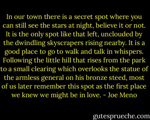 In our town there is a secret spot where you can still see the stars at night, believe it or not. It is the only spot like that left, unclouded by the dwindling skyscrapers rising nearby. It is a good place to go to walk and talk in whispers. Following the little hill that rises from the park to a small clearing which overlooks the statue of the armless general on his bronze steed, most of us later remember this spot as the first place we knew we might be in love. - Joe Meno