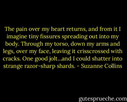 The pain over my heart returns, and from it I imagine tiny fissures spreading out into my body. Through my torso, down my arms and legs, over my face, leaving it crisscrossed with cracks. One good jolt...and I could shatter into strange razor-sharp shards. - Suzanne Collins