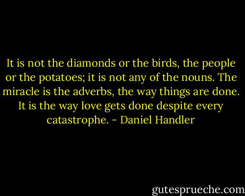 It is not the diamonds or the birds, the people or the potatoes; it is not any of the nouns. The miracle is the adverbs, the way things are done. It is the way love gets done despite every catastrophe. - Daniel Handler