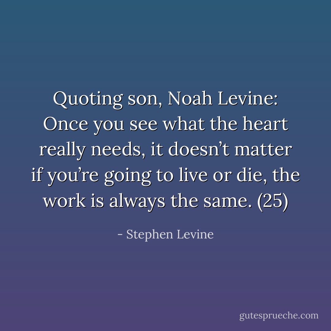 Quoting son, Noah Levine: Once you see what the heart really needs, it doesn’t matter if you’re going to live or die, the work is always the same. (25) - Stephen Levine