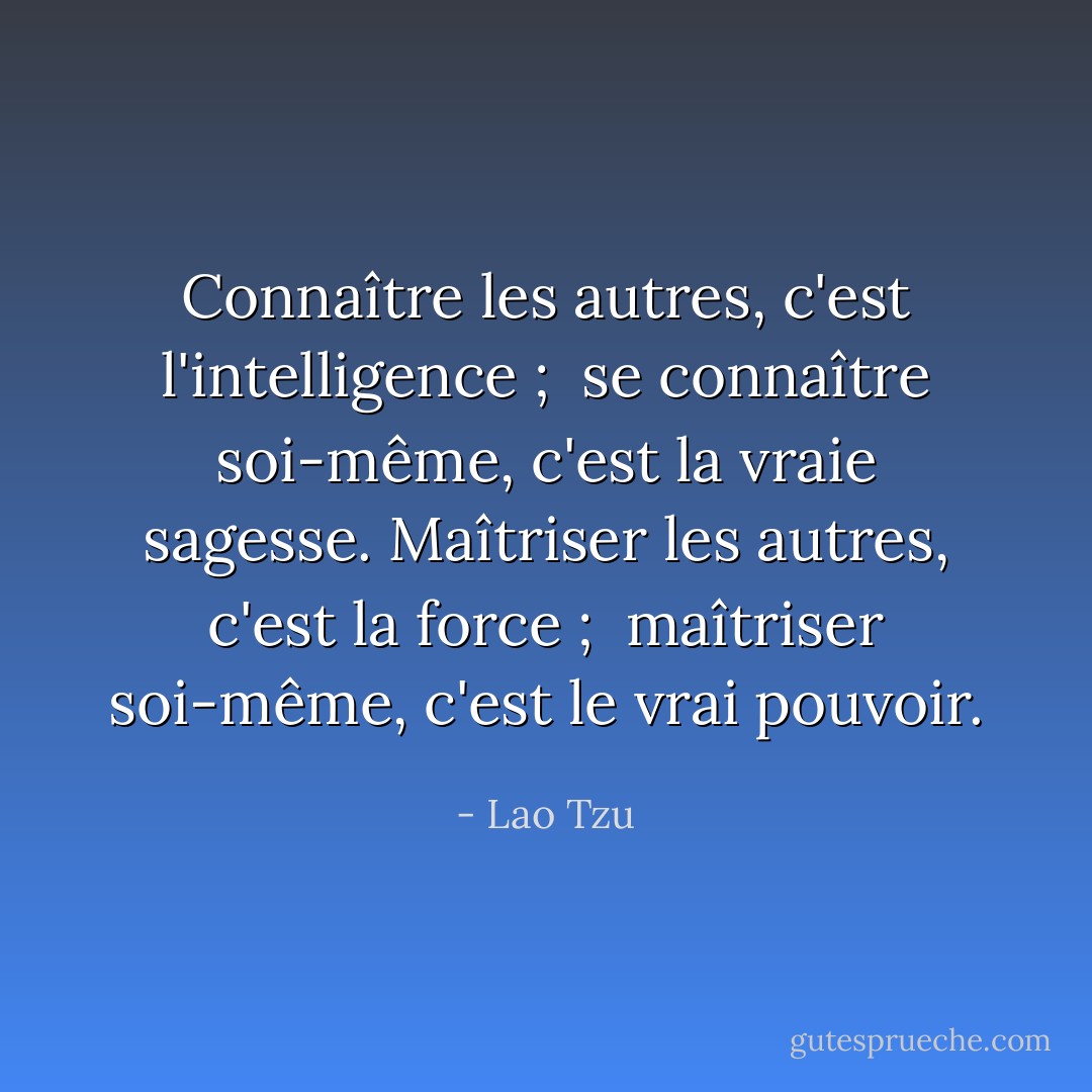 Connaître les autres, c'est l'intelligence ; <br />se connaître soi-même, c'est la vraie sagesse.<br />Maîtriser les autres, c'est la force ; <br />maîtriser soi-même, c'est le vrai pouvoir. - Lao Tzu