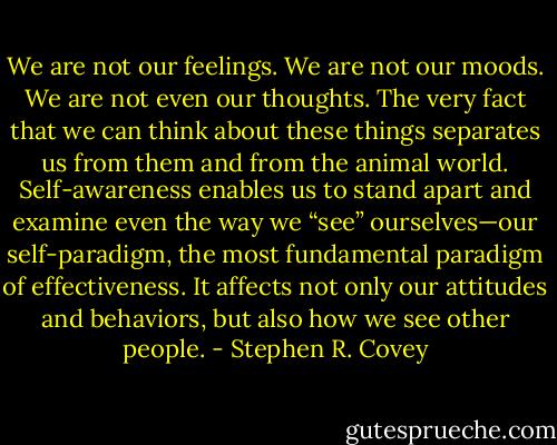 We are not our feelings. We are not our moods. We are not even our thoughts. The very fact that we can think about these things separates us from them and from the animal world. Self-awareness enables us to stand apart and examine even the way we “see” ourselves—our self-paradigm, the most fundamental paradigm of effectiveness. It affects not only our attitudes and behaviors, but also how we see other people. - Stephen R. Covey